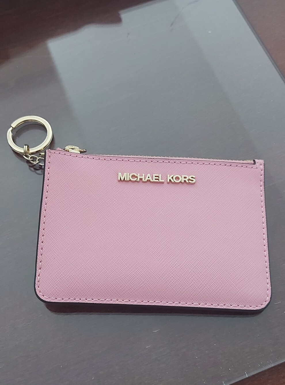 Michael Kors Pink  Leather Card Holder with Gold Keyring